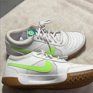Nike Kids White Sneakers with Neon Green Swoosh and Gum Outsole